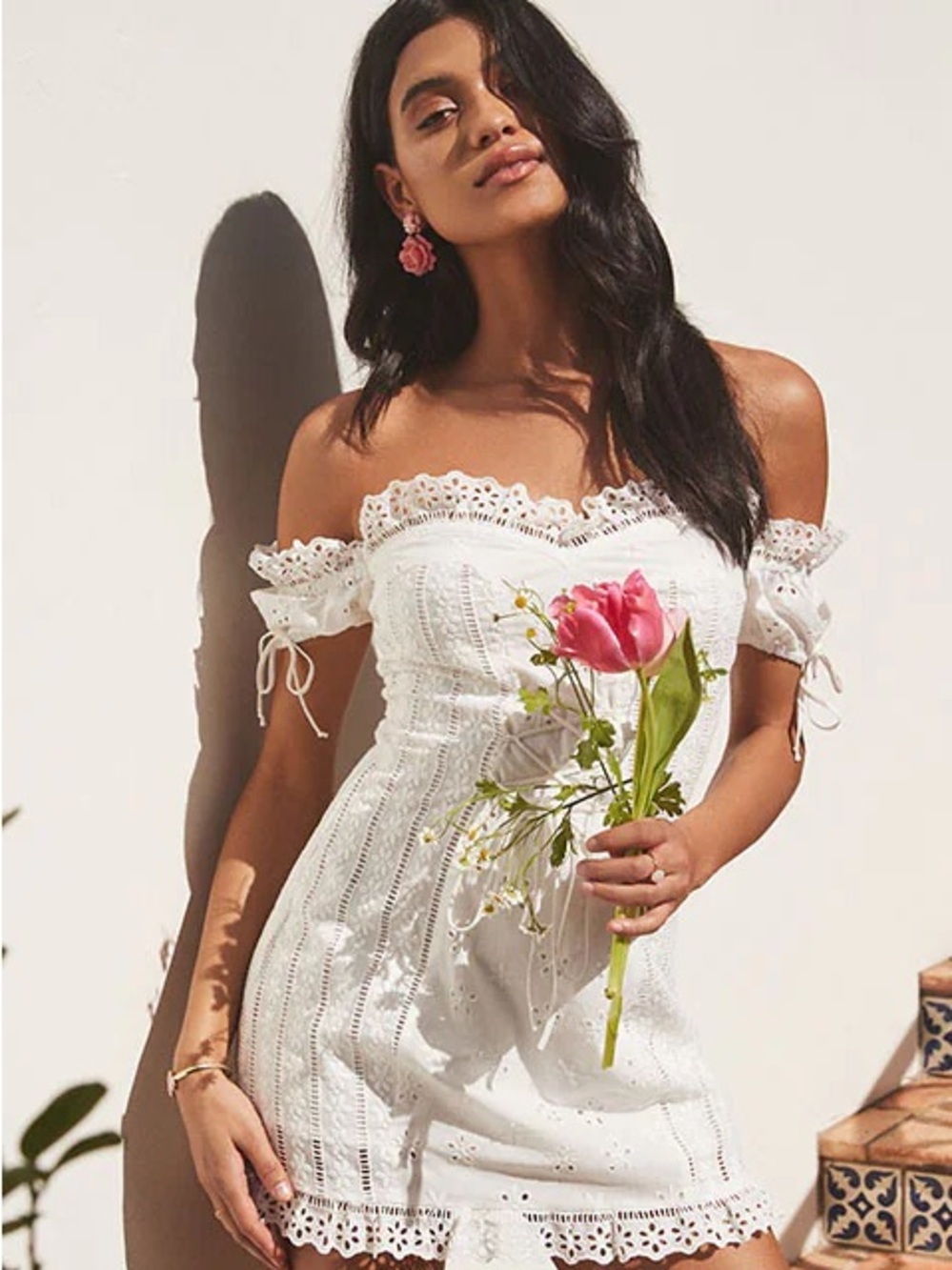 For Love & Lemons Anabelle White Eyelet Lace Up Puff Sleeve Mini Dress Size M - Picture 11 of 11